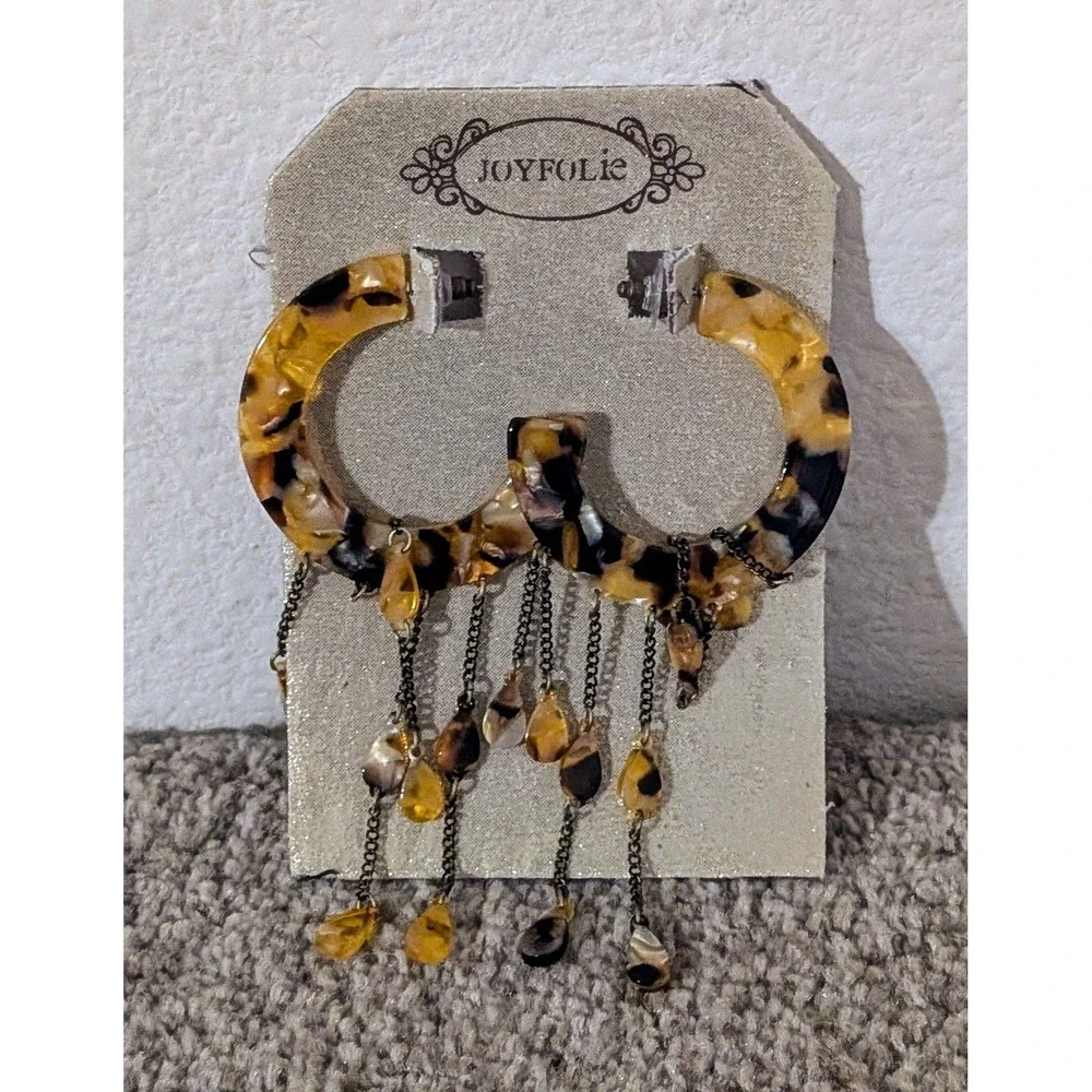Joyfolie Tortoise Shell Hoop Earrings‎  Dangle Beads Gold Tone Post Back NWT $35